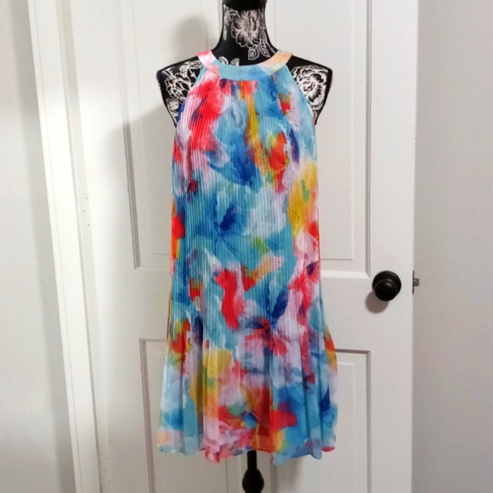 🆕️ 🌈HTF Alex Marie🌈 - Multicolor Abstract Cleo Pleated Sleeveless Swing Dress